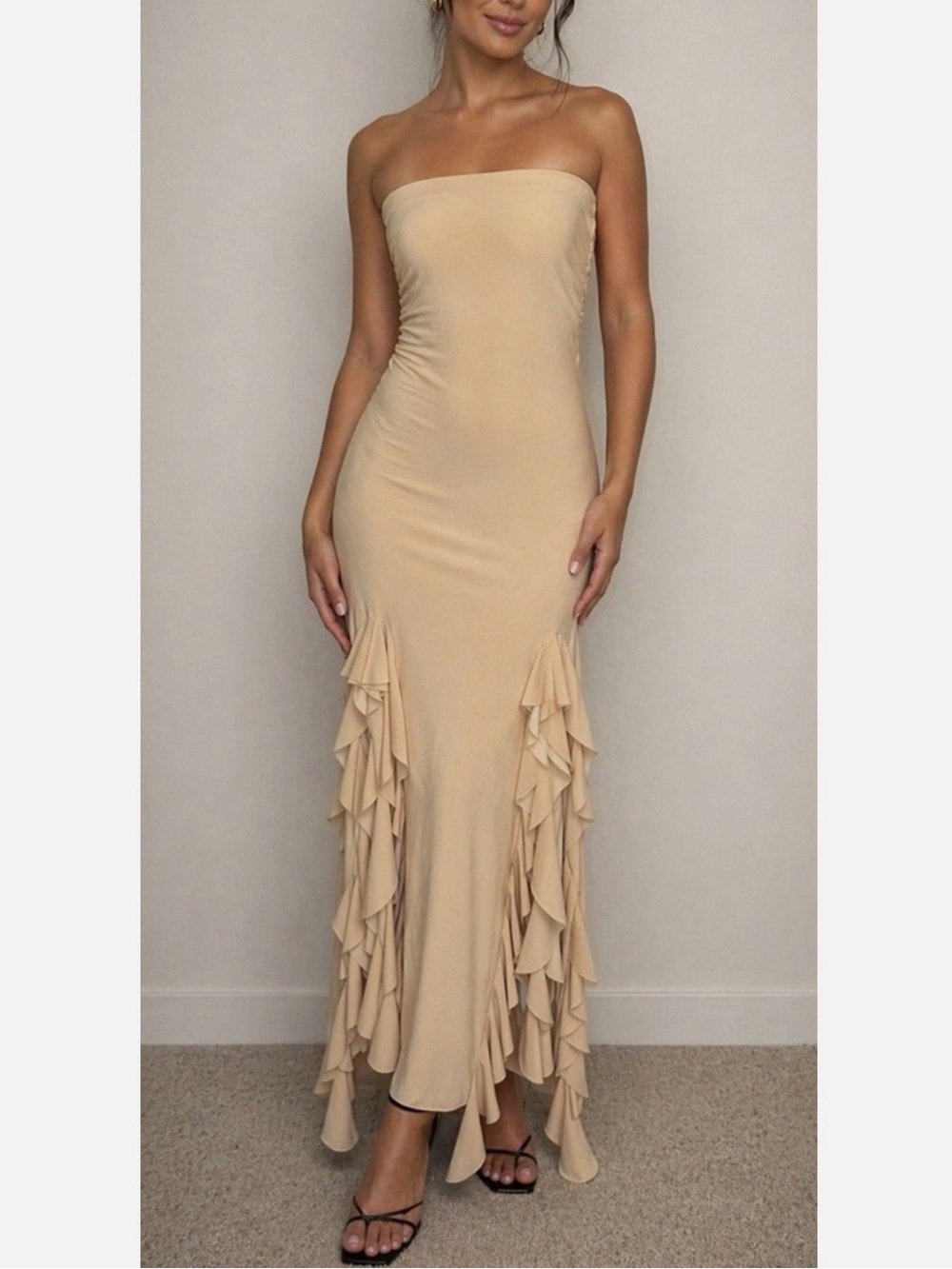 AQUA Bloomingdale’s Strapless Asymmetrical Ruffle Waterfall Maxi Dress Mocha S
